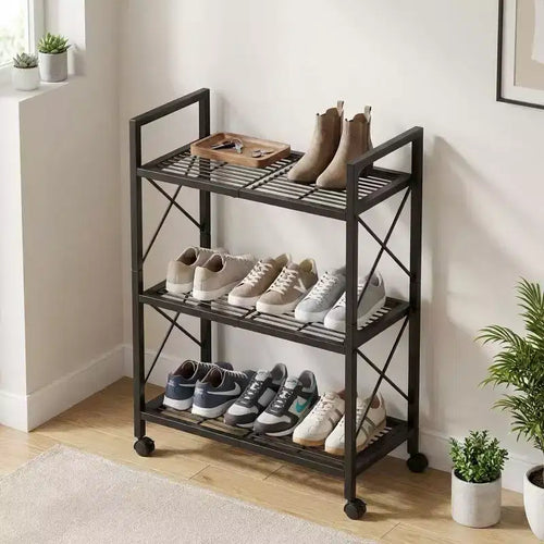 3-Tier Metal Storage Rack with Wheels, 23.6 in Rolling Mesh Shelving Unit for Kitchen Bathroom Entryway, Black
