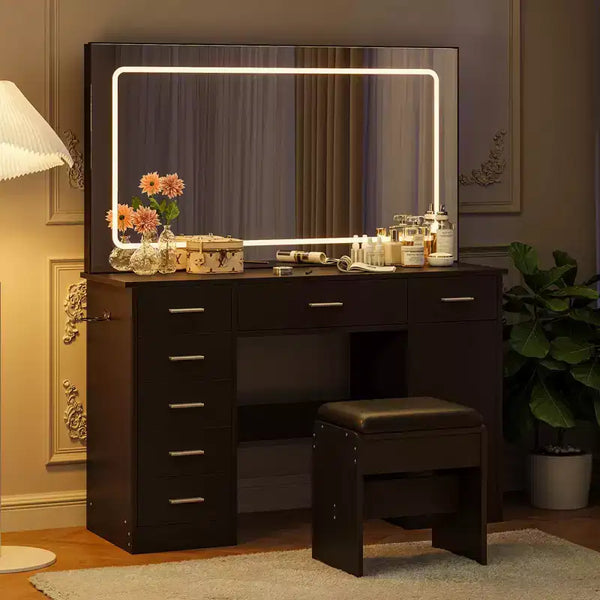 Modern Vanity Desk with Large Mirror, 7 Drawers, LED Lights, Chair, 3 Light Modes, Hair Dryer Holder and Charging Station for Bedroom