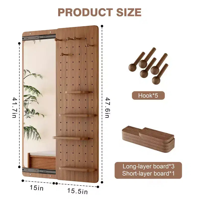Modern Wall Mounted Full Length Mirror with Shelf & Hooks, Multifunctional Full Body Mirror for Bedroom, Living Room, or Entryway-Panipeachy