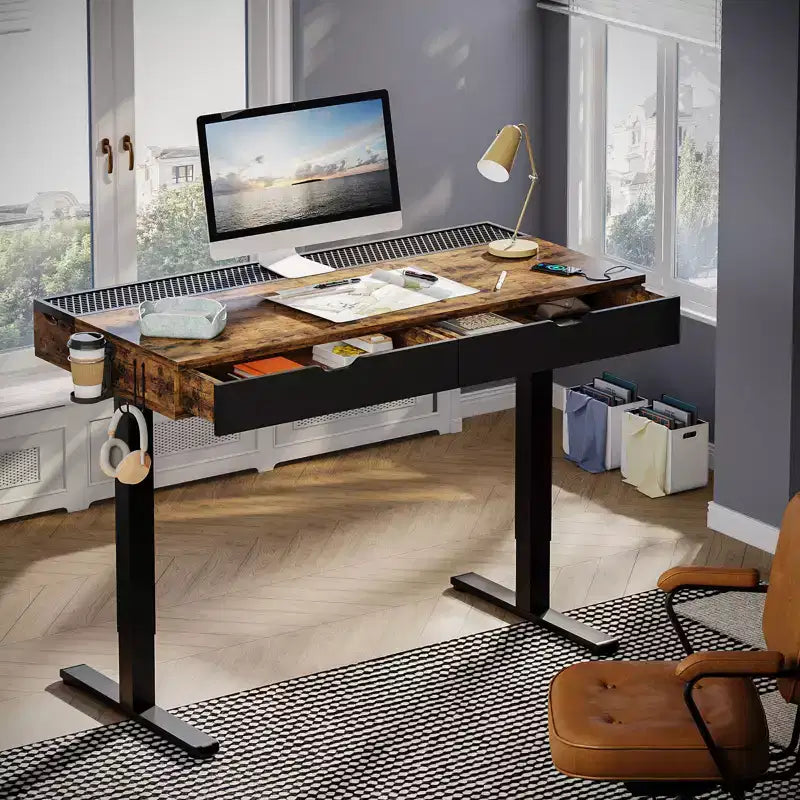 Bestier 47 Inch Electric Standing Desk with 2 Drawers & LED Light for Home Office, Height Adjustable Computer Desk, Gaming Table with USB Charging