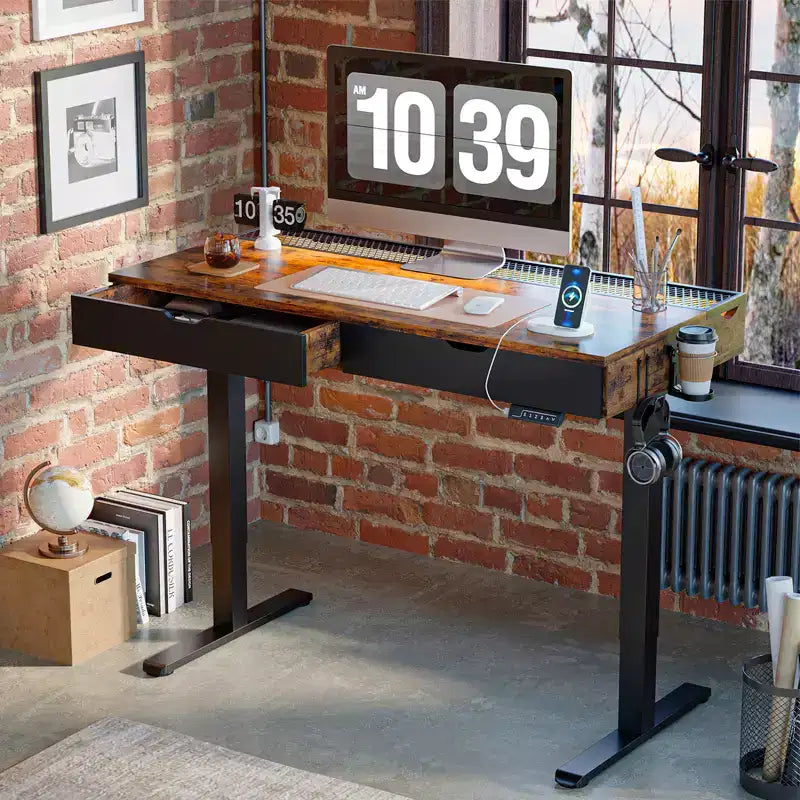 Bestier 47 Inch Electric Standing Desk with 2 Drawers & LED Light for Home Office, Height Adjustable Computer Desk, Gaming Table with USB Charging