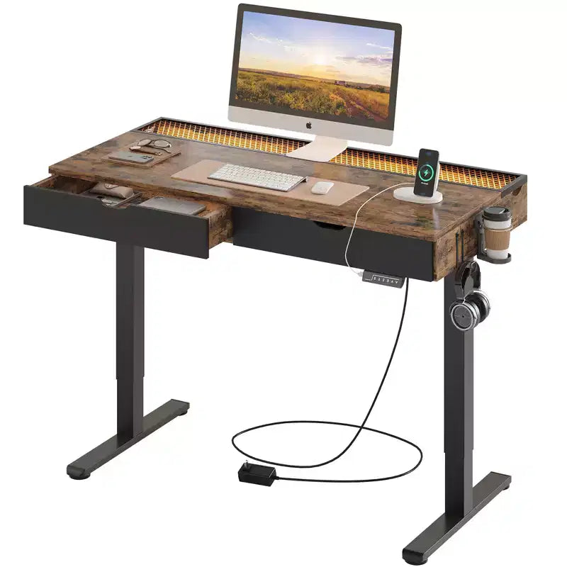 Bestier 47 Inch Electric Standing Desk with 2 Drawers & LED Light for Home Office, Height Adjustable Computer Desk, Gaming Table with USB Charging