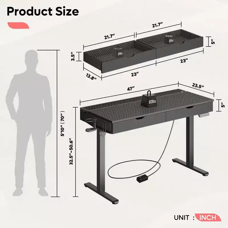 Bestier 47 Inch Electric Standing Desk with 2 Drawers & LED Light for Home Office, Height Adjustable Computer Desk, Gaming Table with USB Charging