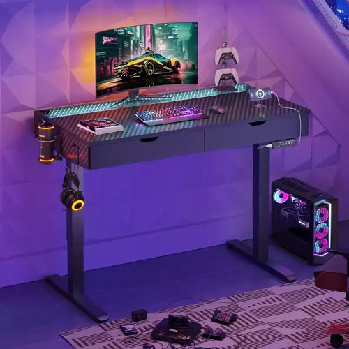 Bestier 47 Inch Electric Standing Desk with 2 Drawers & LED Light for Home Office, Height Adjustable Computer Desk, Gaming Table with USB Charging