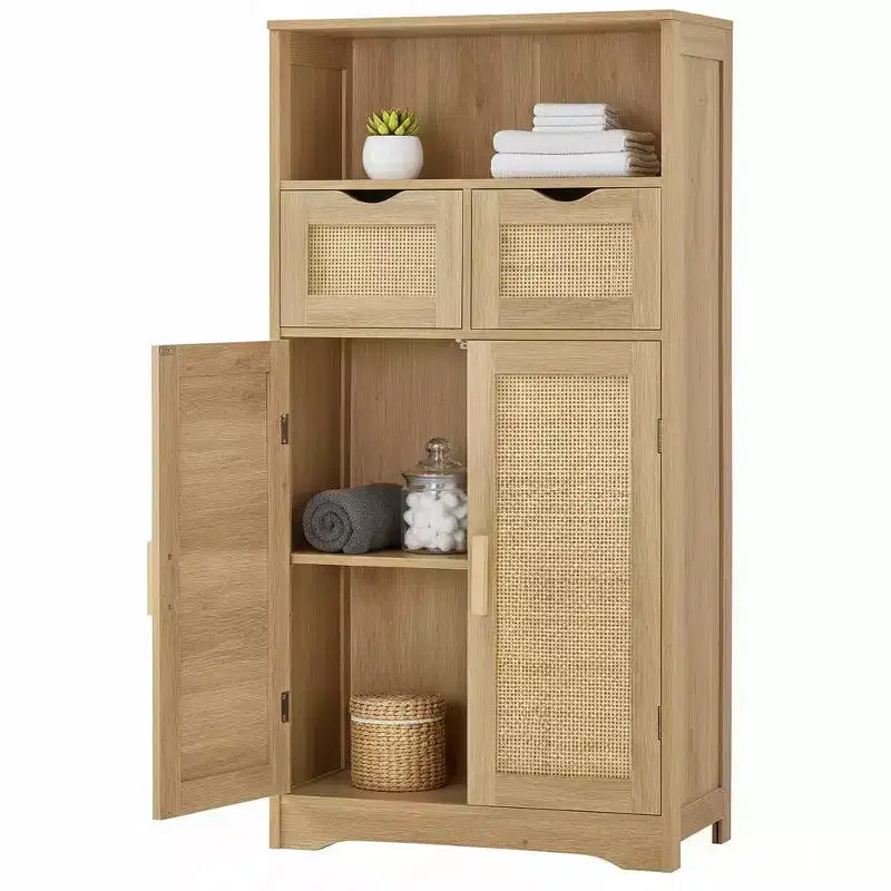 Dcolora Rattan Storage Cabinet with 2 Drawers & Adjustable Shelves for Kitchen/Home