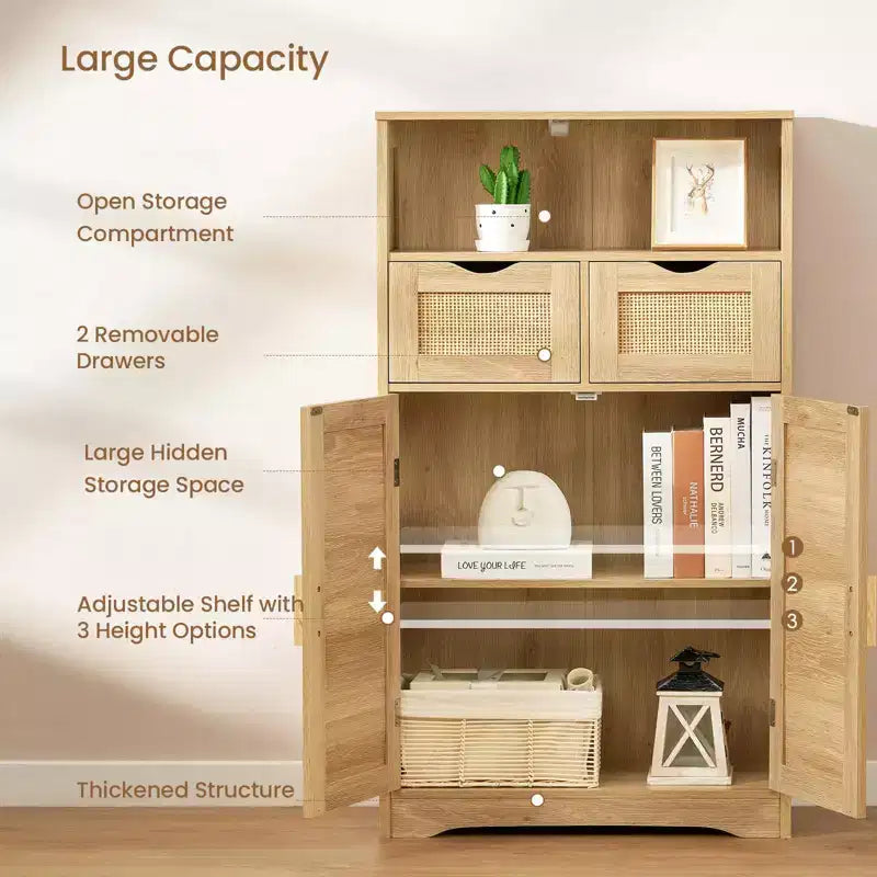 Dcolora Rattan Storage Cabinet with 2 Drawers & Adjustable Shelves for Kitchen/Home