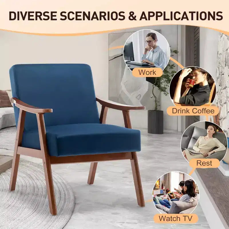 Mid-Century Modern Velvet Accent Chair with Solid Wood Frame, Wingback Lounge Chair for Living Room