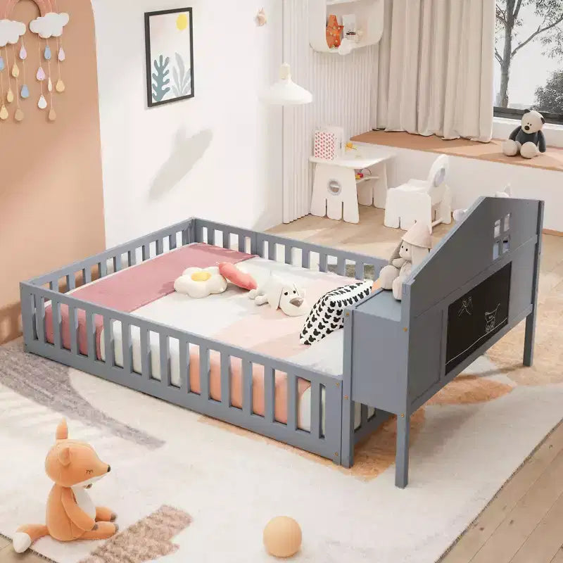 Full Size Montessori Floor Bed with Bookcases, Blackboards and Storage Headboard, Grey