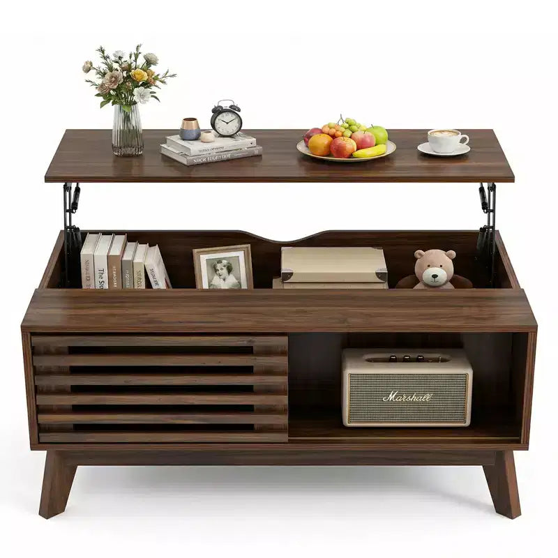 GDFStudio Bogdan Modern Wooden Lift Top Coffee Table with Slatted Sliding Door and Hidden Storage