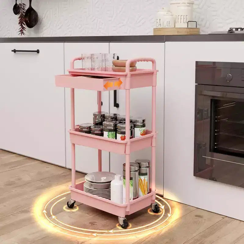 ALUCSET 3 Tier Rolling Utility Cart with Drawer, Plastic Storage Organizer Cart with Wheels, Lockable Caster for Kitchen, Bathroom, Office, Bedroom