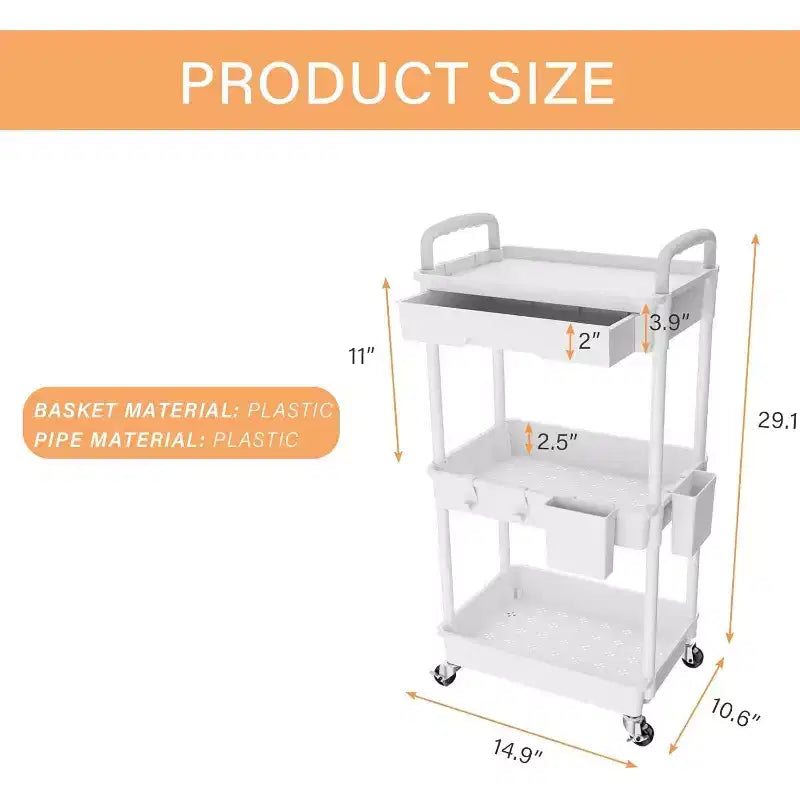 ALUCSET 3 Tier Rolling Utility Cart with Drawer, Plastic Storage Organizer Cart with Wheels, Lockable Caster for Kitchen, Bathroom, Office, Bedroom