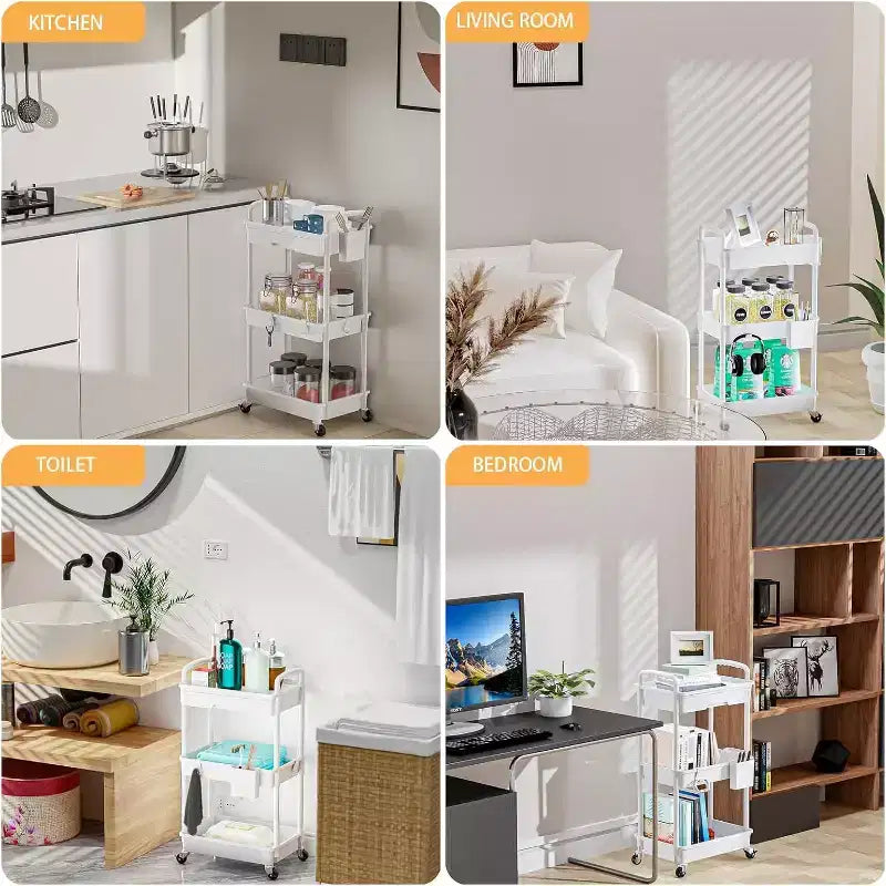 ALUCSET 3 Tier Rolling Utility Cart with Drawer, Plastic Storage Organizer Cart with Wheels, Lockable Caster for Kitchen, Bathroom, Office, Bedroom