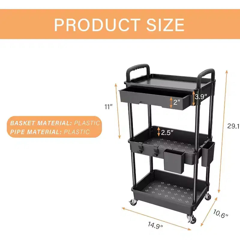 ALUCSET 3 Tier Rolling Utility Cart with Drawer, Plastic Storage Organizer Cart with Wheels, Lockable Caster for Kitchen, Bathroom, Office, Bedroom