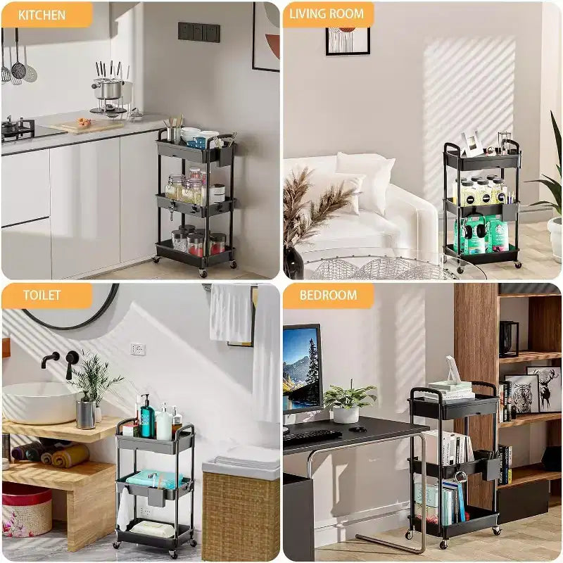 ALUCSET 3 Tier Rolling Utility Cart with Drawer, Plastic Storage Organizer Cart with Wheels, Lockable Caster for Kitchen, Bathroom, Office, Bedroom