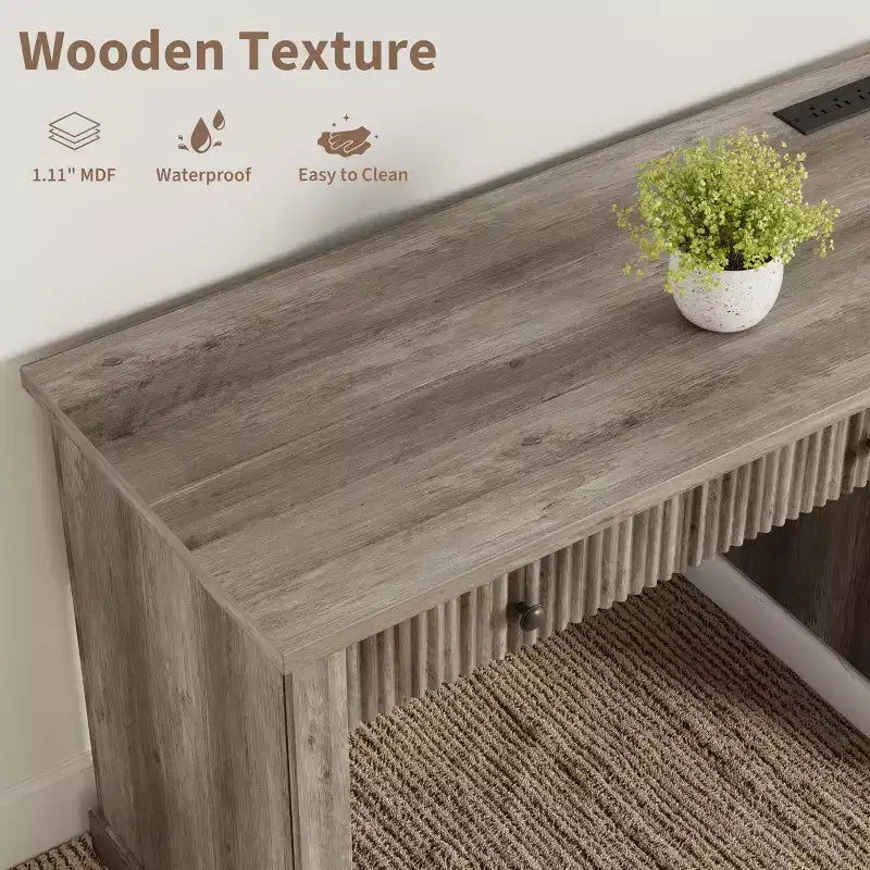 54 Modern Executive Office Desk with Charging Station & File Drawers, Fluted Wood Computer Writing Desk with Storage for Home Study