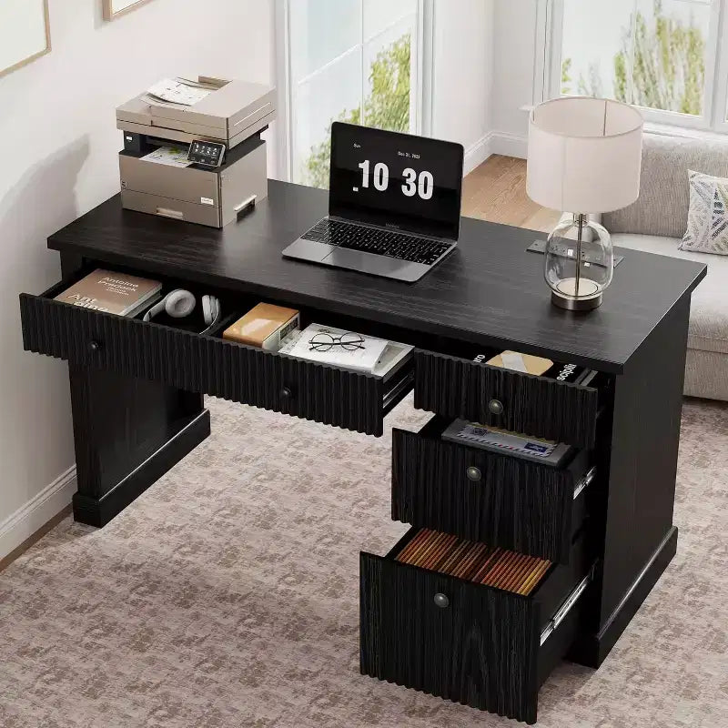 54 Modern Executive Office Desk with Charging Station & File Drawers, Fluted Wood Computer Writing Desk with Storage for Home Study