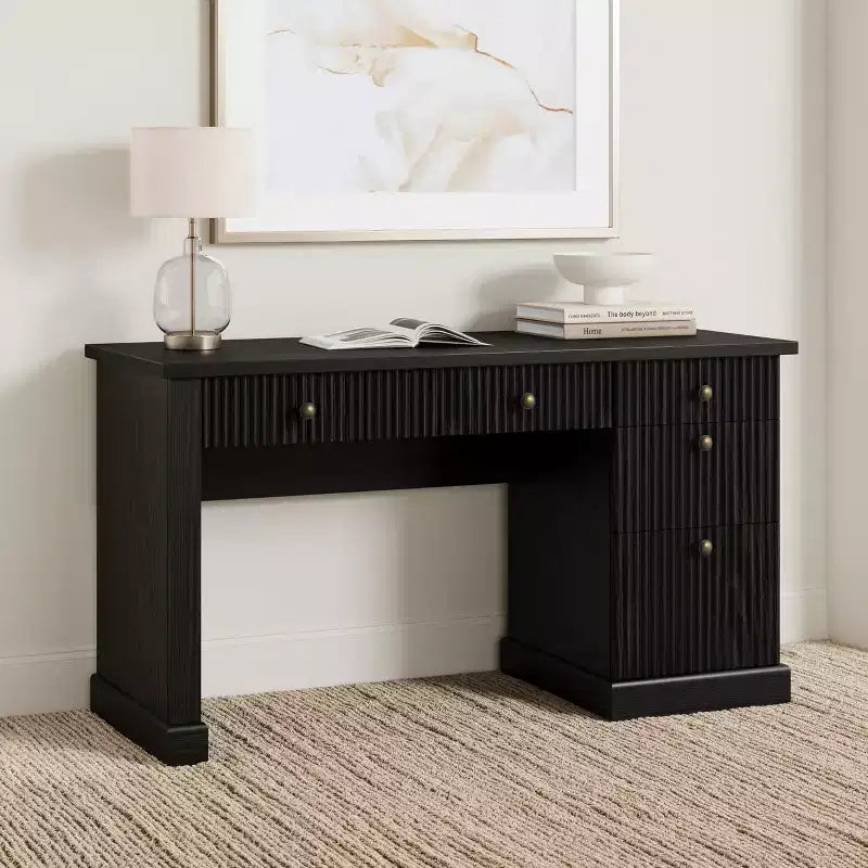 54 Modern Executive Office Desk with Charging Station & File Drawers, Fluted Wood Computer Writing Desk with Storage for Home Study
