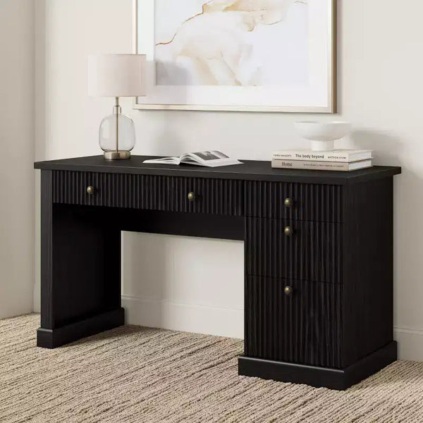 54 Modern Executive Office Desk with Charging Station & File Drawers, Fluted Wood Computer Writing Desk with Storage for Home Study