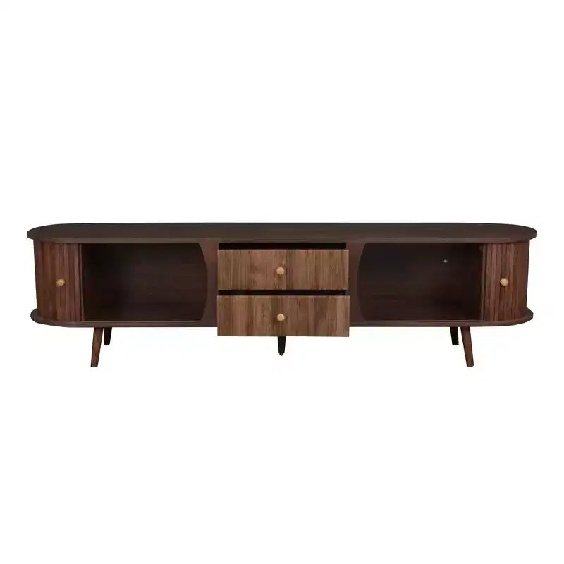 Mid-Century Modern TV Stand for TVs up to 80, Entertainment Center with Tambour Doors & Fluted Drawers, Walnut Brown Media Console - ModernLuxe