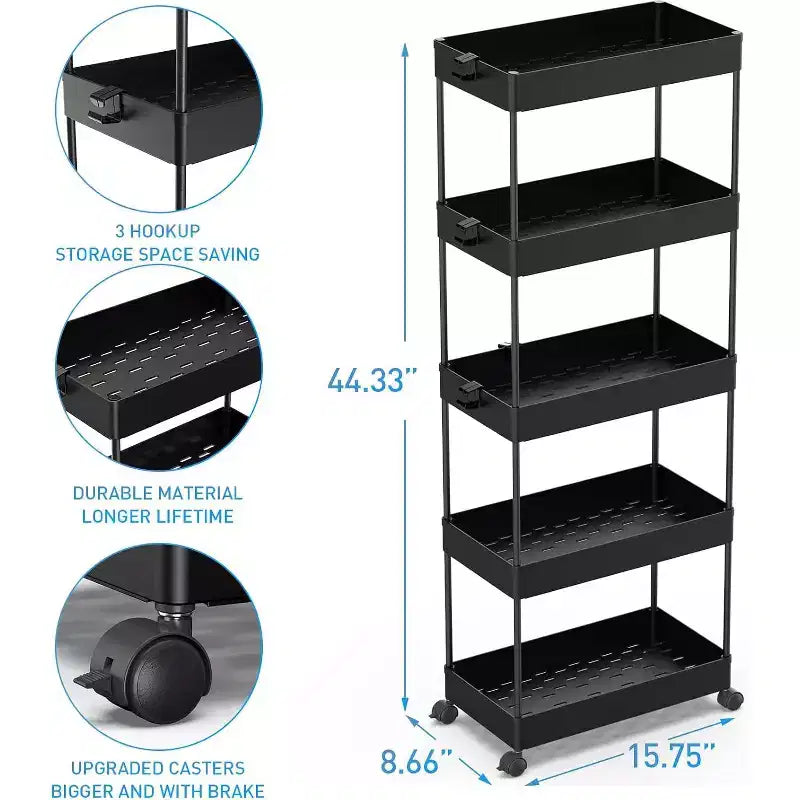 ALUCSET 5-Tier Storage Cart Organizer Rolling Utility Cart, Mobile Shelving Unit Slide Out Storage Shelves for Kitchen Bathroom Laundry Room & Dresser