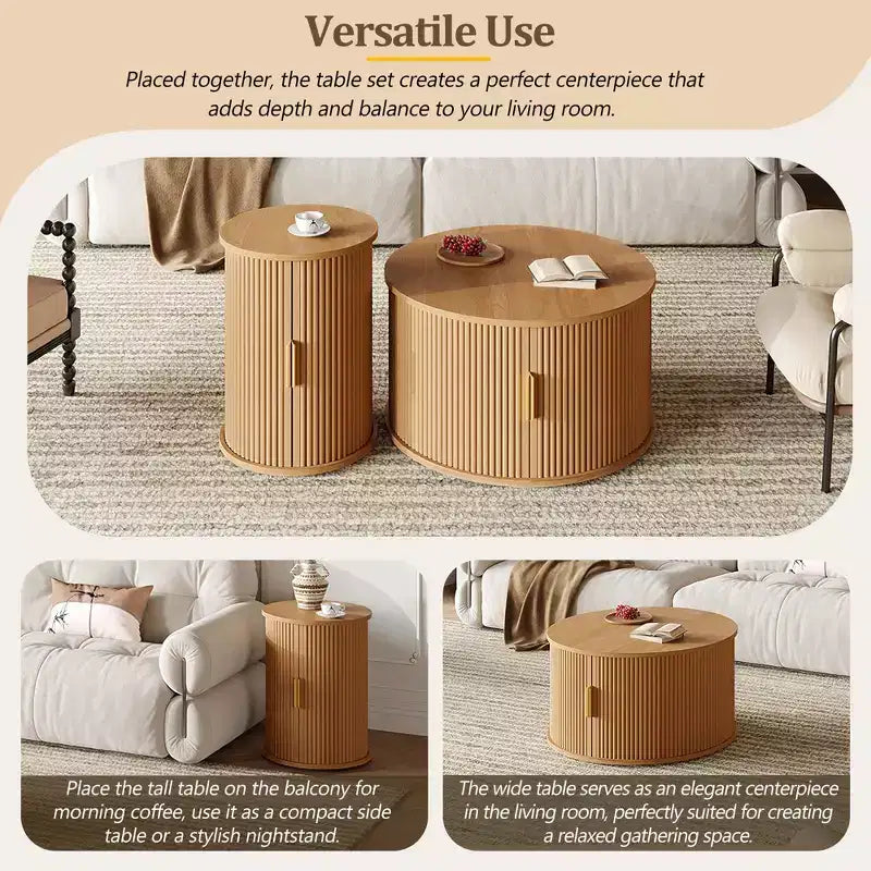 Mid-Century Coffee Table Set with Sliding Tambour Doors, Fluted Round Storage Side Tables for Living Room, Set of 2, Natural