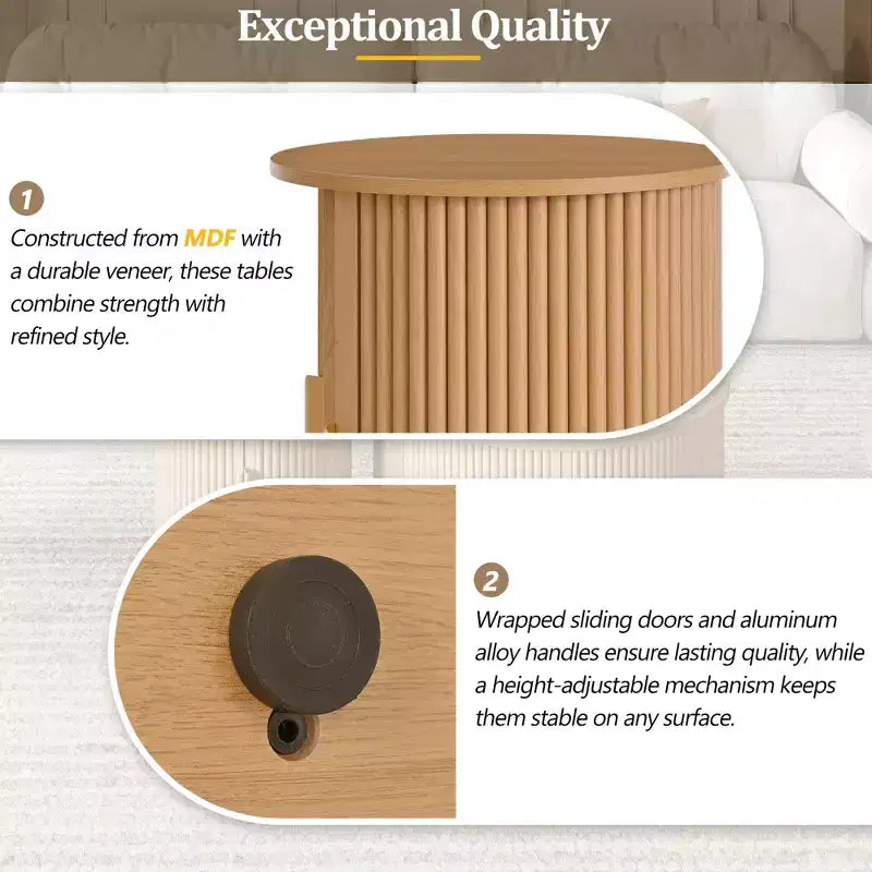 Mid-Century Coffee Table Set with Sliding Tambour Doors, Fluted Round Storage Side Tables for Living Room, Set of 2, Natural
