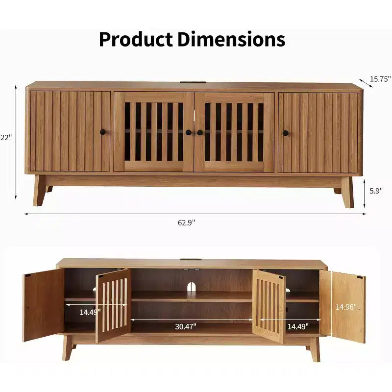 GustoWave Mid Century Modern TV Stand With Grille Doors, Adjustable Shelves, And Storage