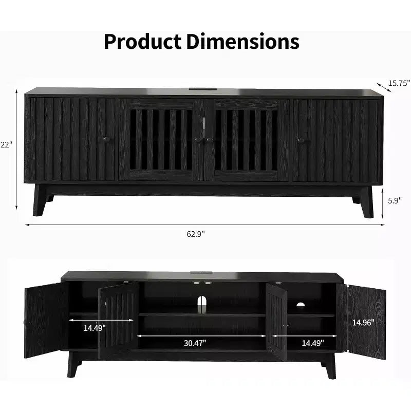GustoWave Mid Century Modern TV Stand With Grille Doors, Adjustable Shelves, And Storage