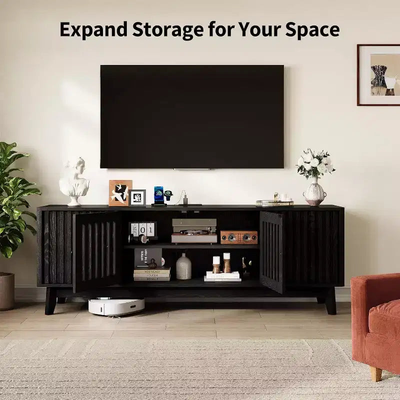 GustoWave Mid Century Modern TV Stand With Grille Doors, Adjustable Shelves, And Storage