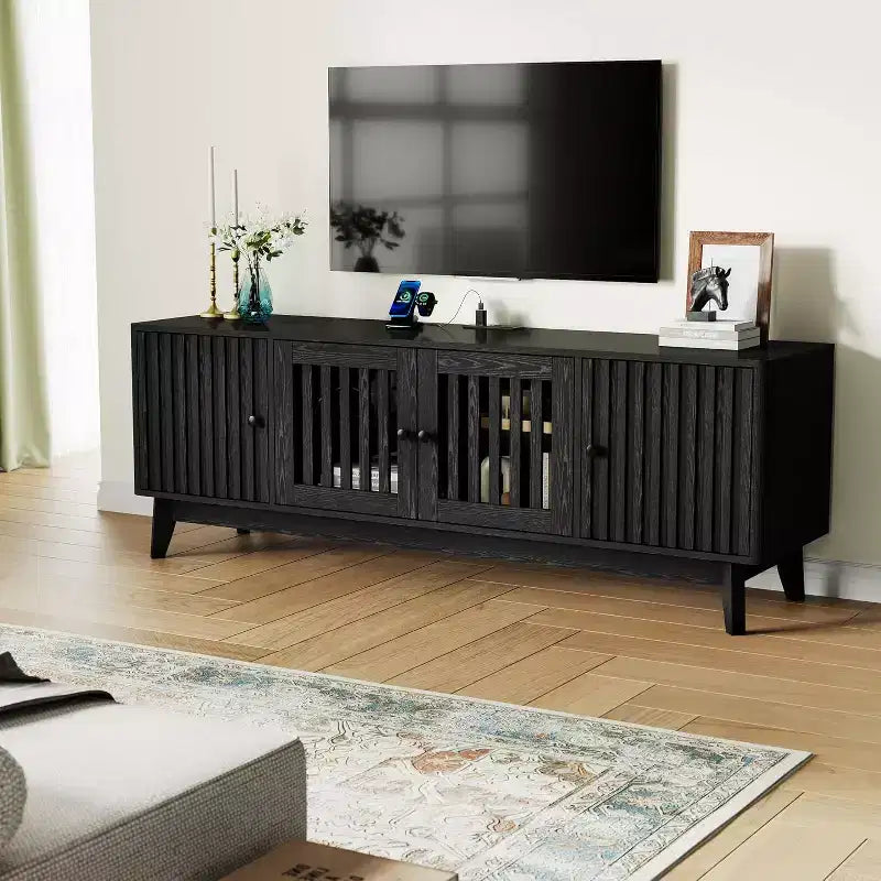 GustoWave Mid Century Modern TV Stand With Grille Doors, Adjustable Shelves, And Storage