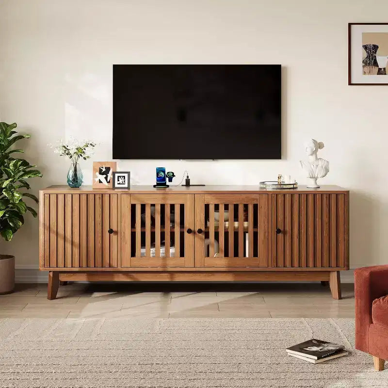 GustoWave Mid Century Modern TV Stand With Grille Doors, Adjustable Shelves, And Storage