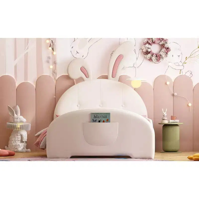 Twin Upholstered Rabbit Princess Bed, Platform Bed with Headboard and Footboard, White