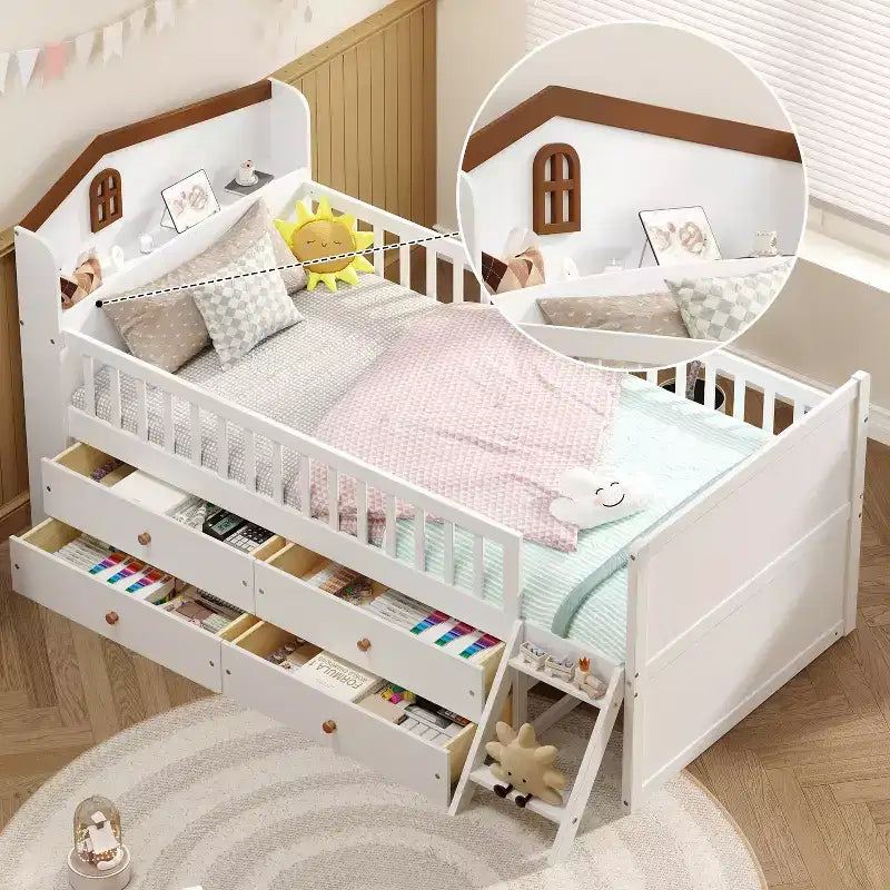 Twin Bed Frame with 4 Storage Drawers, Wood Platform Bed with Guardrail, Headboard and Ladder, White