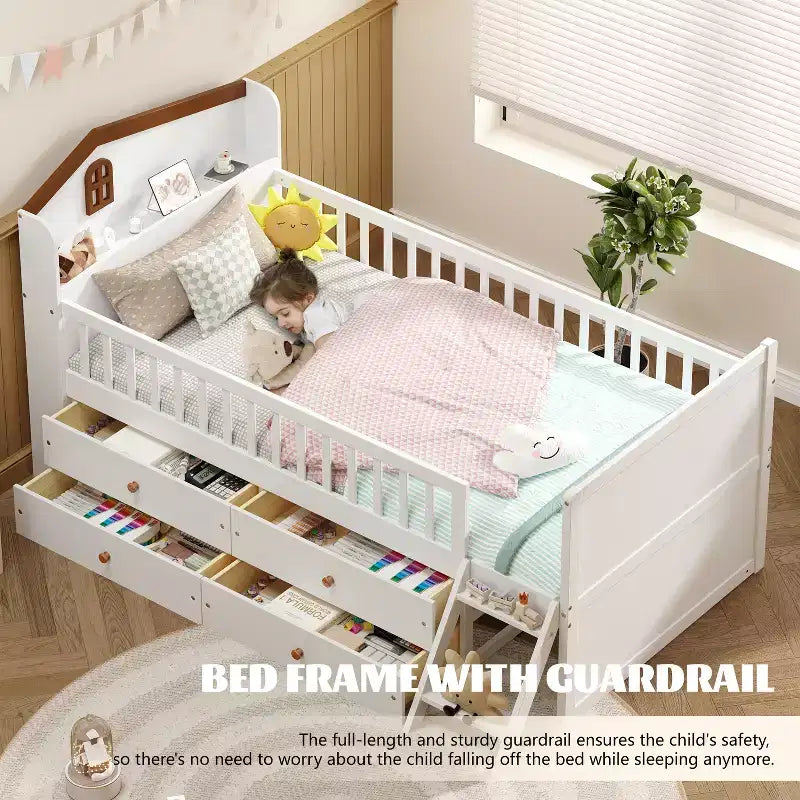 Twin Bed Frame with 4 Storage Drawers, Wood Platform Bed with Guardrail, Headboard and Ladder, White