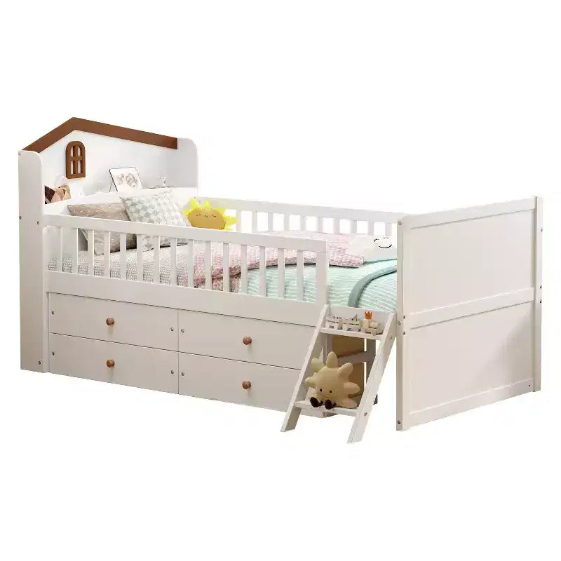 Twin Bed Frame with 4 Storage Drawers, Wood Platform Bed with Guardrail, Headboard and Ladder, White