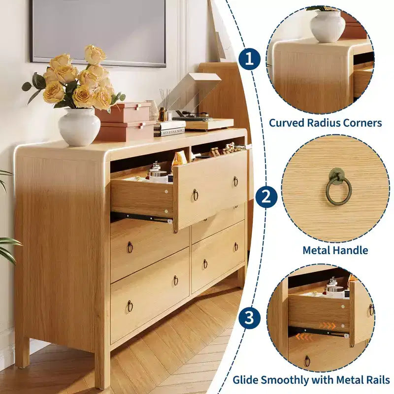 Hallway 47 Wide 6 Drawer Dresser for Bedroom, Wooden Chest of Drawers w/ Large Storage & Metal Handles, Modern Low Profile Storage Organizer