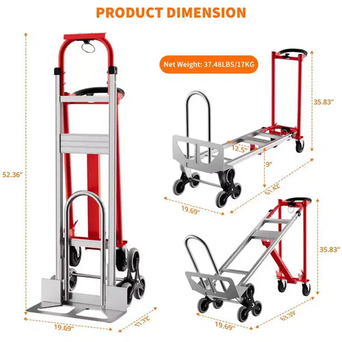3-in-1 Stair Climbing Hand Truck, Heavy Duty Convertible Flat Cart with Folding Design & Elastic Straps for Home Office Warehouse