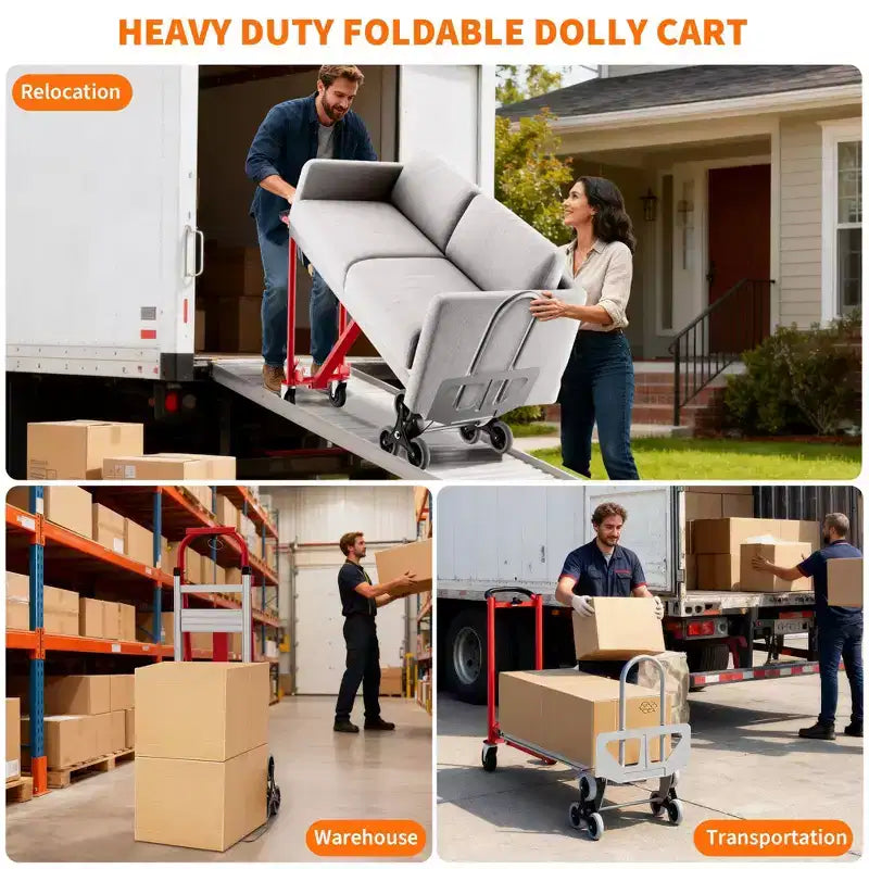 3-in-1 Stair Climbing Hand Truck, Heavy Duty Convertible Flat Cart with Folding Design & Elastic Straps for Home Office Warehouse