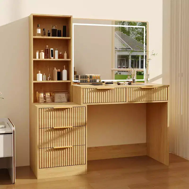 Makeup Vanity Desk with Lighted Mirror & Charging Station, 3-Color Dimmable Touch, 5 Drawers & Glass Top, Modern Bedroom Dressing Table