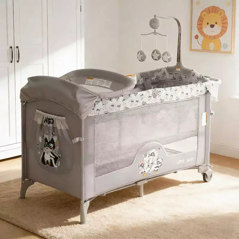 4-in-1 Baby Bassinet & Playard-Light Gray Portable Crib with Changing Table,Zip Door & Toy Bar - Locking Wheels & Storage for Newborns to Toddlers