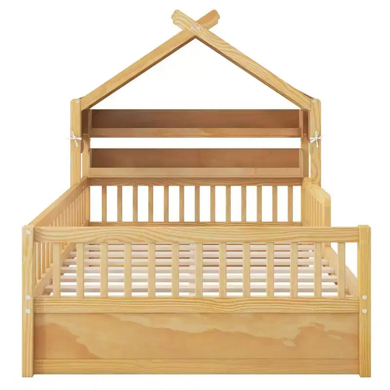 Luxystar Full Size Wood House Bed Frame with Storage Headboard Shelf and Canopy for Kid's Room