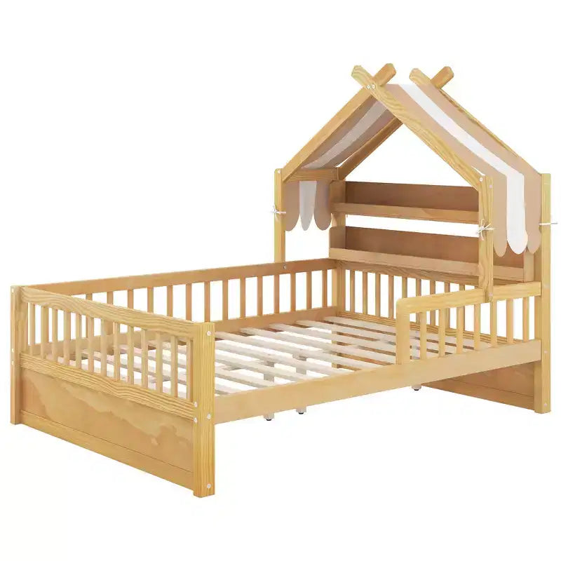 Luxystar Full Size Wood House Bed Frame with Storage Headboard Shelf and Canopy for Kid's Room