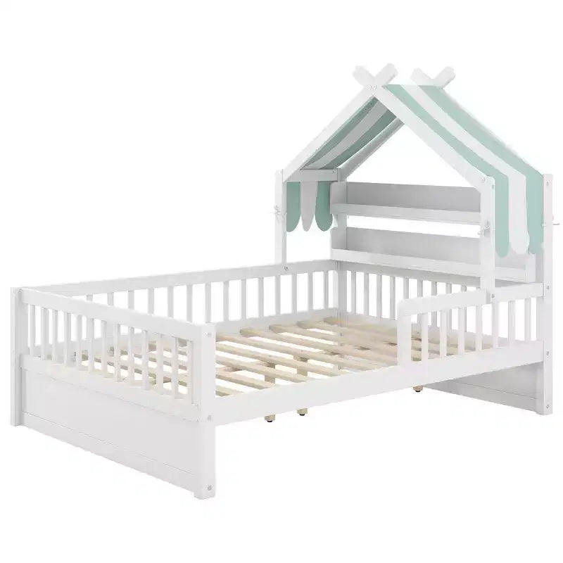 Luxystar Full Size Wood House Bed Frame with Storage Headboard Shelf and Canopy for Kid's Room