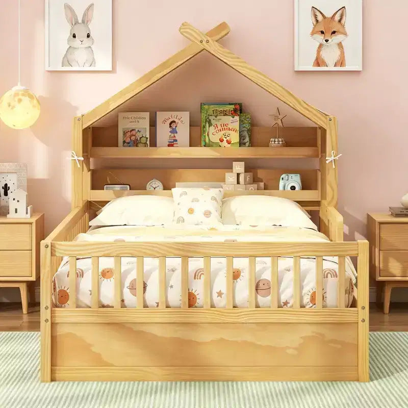 Luxystar Full Size Wood House Bed Frame with Storage Headboard Shelf and Canopy for Kid's Room