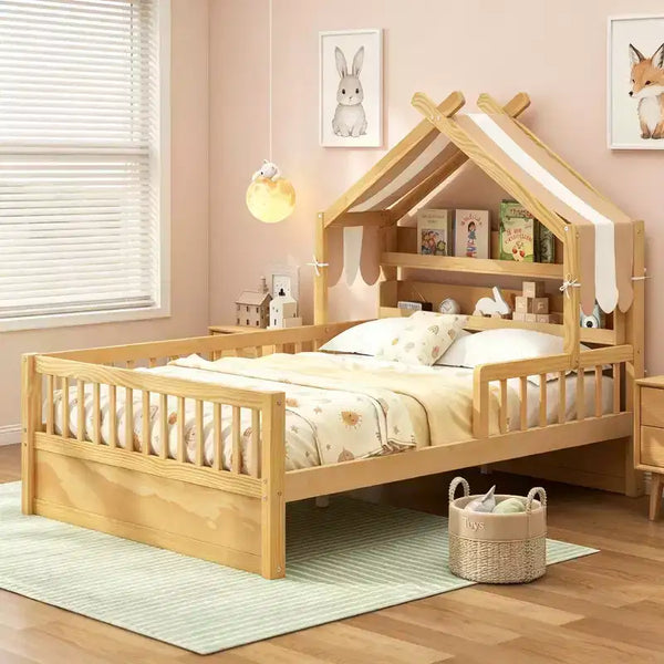 Luxystar Full Size Wood House Bed Frame with Storage Headboard Shelf and Canopy for Kid's Room