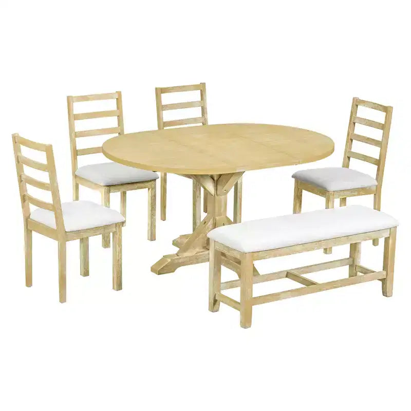 GDFStudio Zayd 6 Piece Dining Set with Extendable Pedestal Table, Ladder Back Chairs and Bench