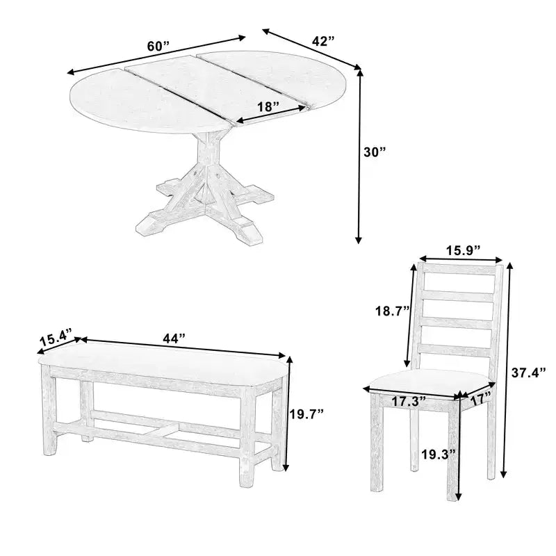 GDFStudio Zayd 6 Piece Dining Set with Extendable Pedestal Table, Ladder Back Chairs and Bench