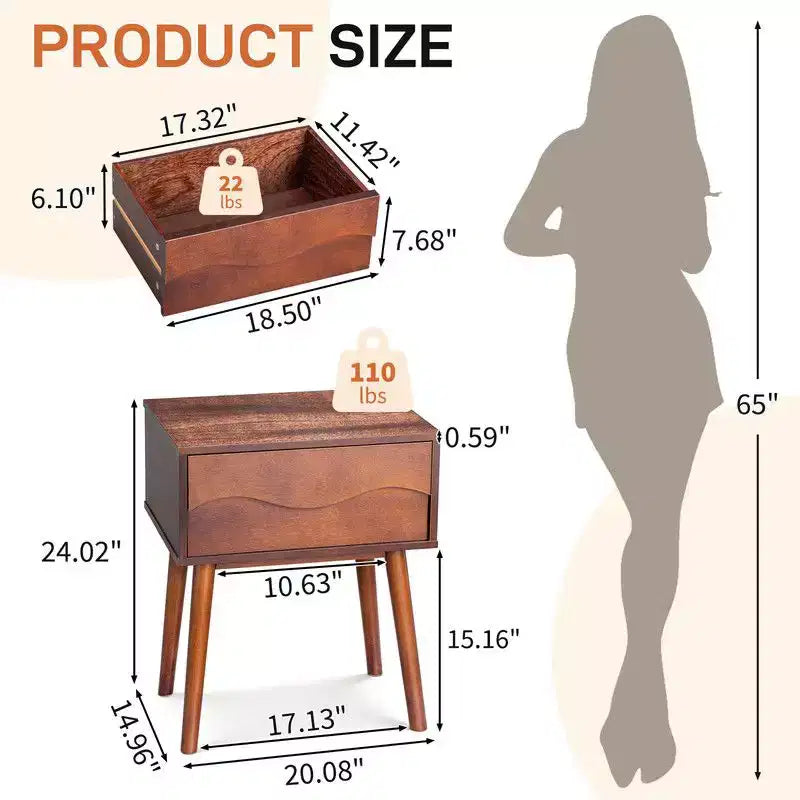 Karl Home Brown P2 MDF Nightstand Tall Legs Handleless 1 Drawer 20.1 Inch