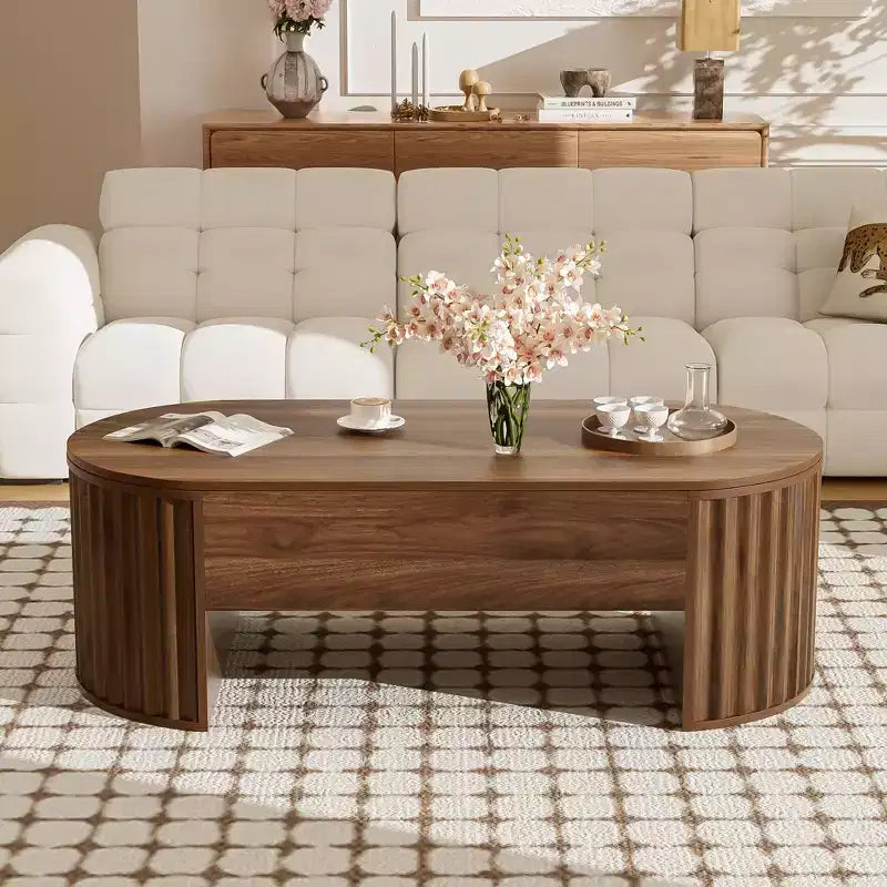 JVNOXK 47.2''Lift Top Coffee Table with Hidden Compartment, Partially Assembled Wooden Center Table, Oval Lift Tabletop for Home Living Room,Brown