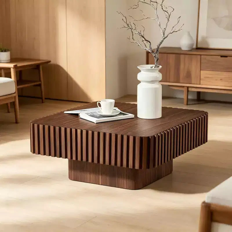 JVNOXK 31.5 Inch Modern Handcraft Drum Coffee Table Square Coffee Table for Living Room,with Sturdy MDF Pedesta,Walnut